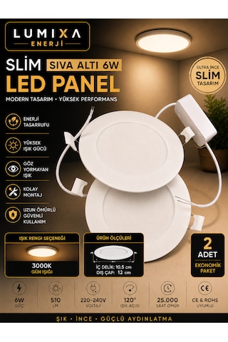 6w Slim Led Spot Panel Yuvarlak 3,5" Delik:8,2cm Dış:12cm Günışığı 3000k 2 Adet