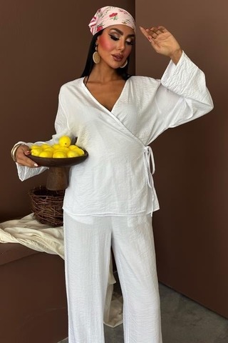 Moderie Butik Kruvaze Model Klasik Pantolonlu Çupra Keten Takım 10191 Beyaz