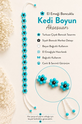 El Yapımı Boncuklu Kedi Boyun Aksesuarı Turkuaz Çiçekli Siyah Boncuk Detaylı Bağcıklı Kedi Tasması