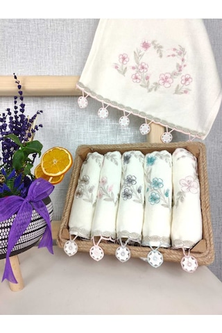 6'lı Set 30x50 Cm. Çeyizlik Kadife Nakışlı Yonca Küpeli Dantelli Lüks El Ve Mutfak Havlu Seti Saray Diğer