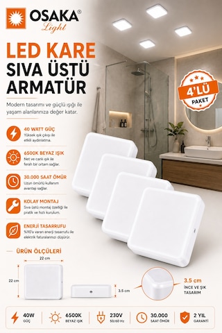 4 Adet Osaka 40w Kare Sıva Üstü Armatür Beyaz Işık 6500k
