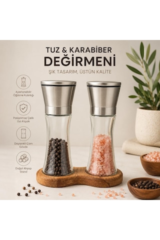 Ahşap Standlı Cam Tuz Karabiber Değirmeni Paslanmaz Çelik Kapak 2 Li Set Çok Renkli