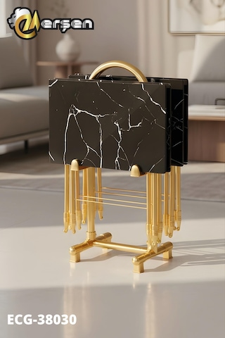 Eranş Serisi 4'lü Katlanır Cam Siyah Mermer Desen Çanta Zigon Sehpa Gold Ayak Siyah Mermer Desen Gold