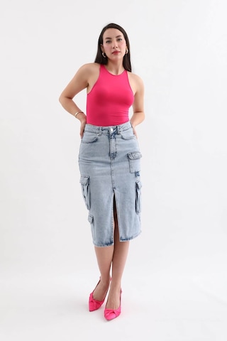 Banny Jeans Kadın Kargo Cepli Önden Yırtmaçlı Jean Etek Buz Mavi