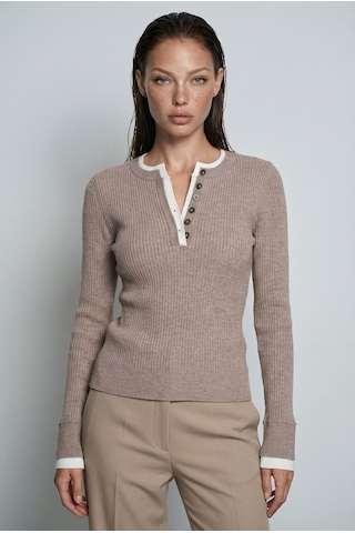 Vizon Düğmeli Yaka Uzun Kollu Fitilli Slim Fit Kadın Body Mg2729 Vizon