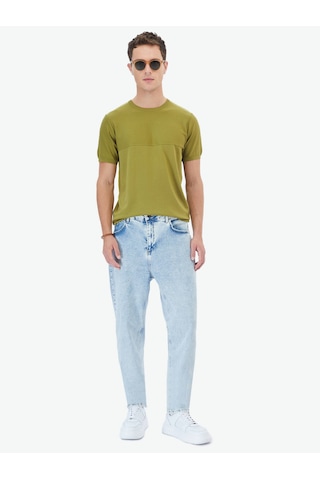 Kip Yağ Yeşili Bisiklet Yaka Ters Örgü Triko Çok Renkli