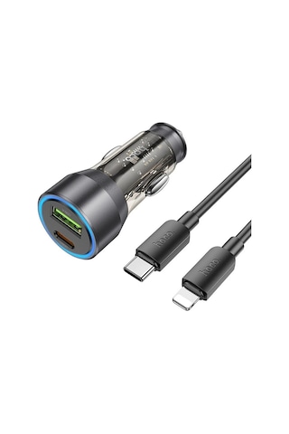 Hoco Nz12a Action Pd43w Usb + Type-c Araç Çakmaklık Hızlı Şarj Aleti + Type-c To İphone Lightning Ka- 5775
