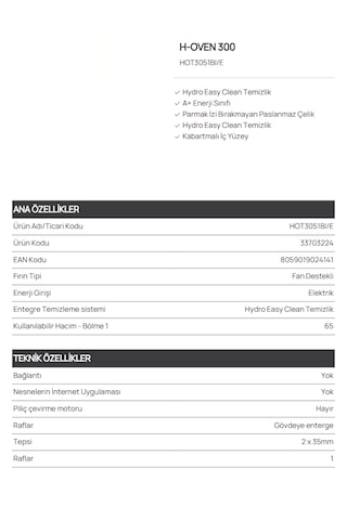 Hoover HOT3051BI/E Ankastre Fırın Siyah