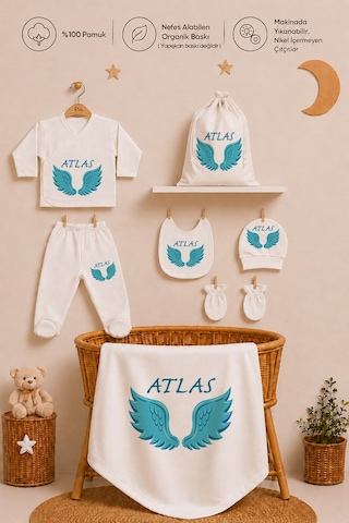 Pia Baby Erkek Bebek İsimli Hastane Çıkışı Seti 5'li Zıbın Takımı Penye Bebek Battaniyesi Ve Ham Bez Kıyafet Kesesi 2017bzkyx Krem
