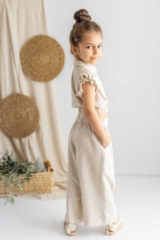 Oliven The Kid Oliventhekid Bej Keten Pileli Yanları Lastikli Cepli Geniş Paça Kız Çocuk Pantolon Bej Bej