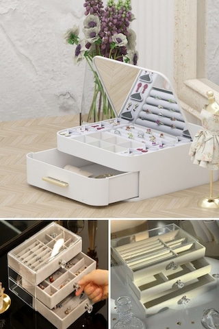 Piev House By House Çekmeceli Aynalı Ve Üç Katlı Çekmeceli Takı Kozmetik Organizer İkili Set Krem