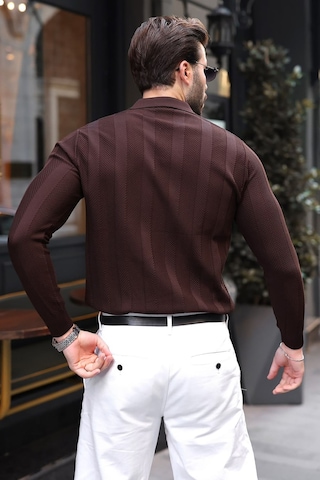 Madmext Kahverengi Regular Fit Polo Yaka Triko Erkek Kazak E7509