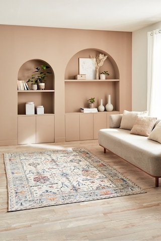 Spring Serisi Krem Vintage Eskitme Desenli Dijital Baskı Yıkanabilir Modern Salon Halısı Krem