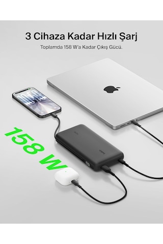 Belkin Ultracharge Pro 25000 Mah Dijital Ekranlı, 1 X Usb-c Bağlantı Noktası + Entegre Kablo, 1 X Usb-a, 158 W Pd, Powerbank Siyah