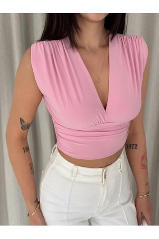 Defymoda Vatkalı Kolsuz V Yaka Drapeli Crop Bluz Likralı Fit - Pembe