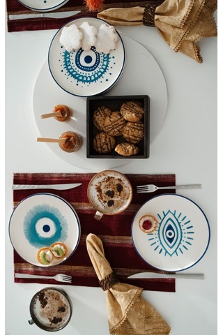 Kevin Seramik Nazar Boncuklu Hand Made 6 Parça Lüks Pasta Sunum Tabağı