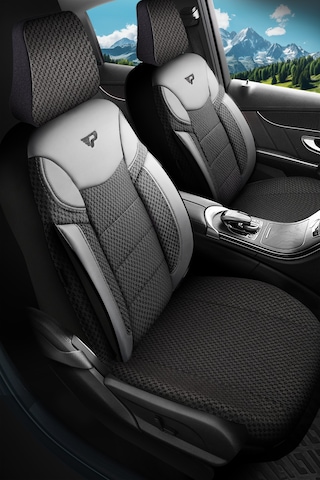 Siyah - Gri Garni Panda Dragon Serisi Dokuma Kumaş Oto Koltuk Kılıfı - Tam Set