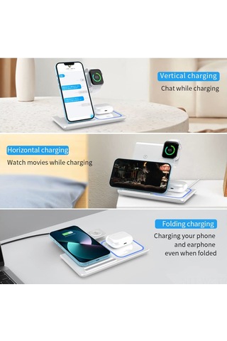 Wezone Saat/Airpods Uyumlu/ Telefon İçin 3'ü Birleşik Katlanabilir Kablosuz Şarj Aleti - Beyaz