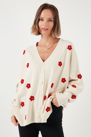 Lela Oversize Fit Çiçekli Düğmeli V Yaka Soft Akrilik Bayan Hırka 4616192 Krem