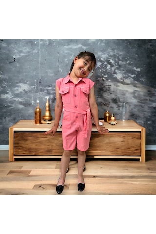 Esterella Düğmeli Cep Detaylı Somon Kısa Tulum Somon