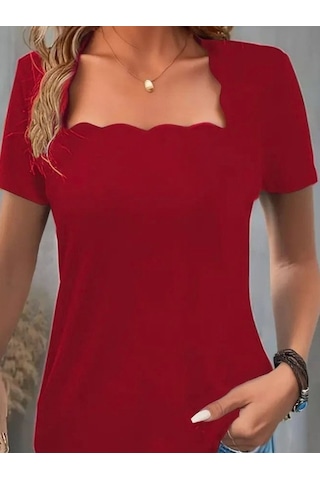 Kadın Kısa Kollu Kare Lazer Yakalı Janjan Krep Bluz Kırmızı