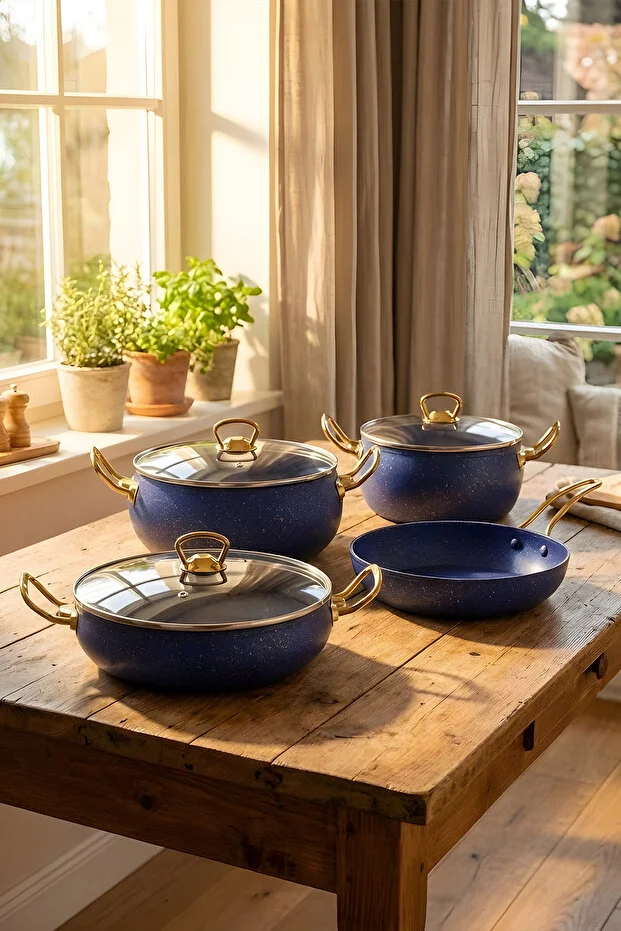7 Parça Atlas Granit Tencere Ve Tava Seti 20 Cm 2.5l, 24 Cm 4.5l, 26 Cm Basık 3l, 26 Cm Tava Mavi