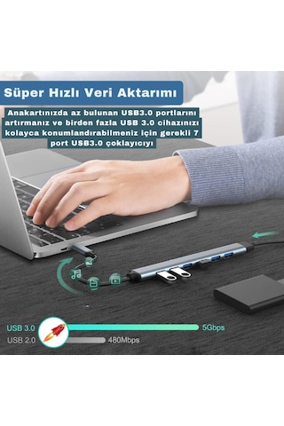 Polham 7in1 Type C/usb To 7x Usb 3.0 Çoğaltıcı Okuyucu Hup Adaptör, Klavye, Mouse, Yazıcı, Usb Okuyucu