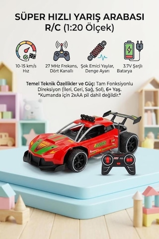 Super Speed Racing 1:20 Ölçekli Şarjlı Uzaktan Kumandalı Araba - 4 Kanallı Yarış Arabası Kırmızı