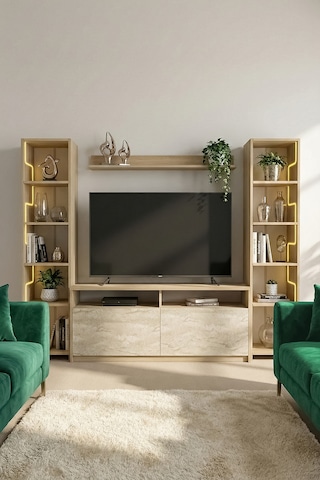 Labirent Ledli Duvar Tv Ünitesi Traverten Kapak Açık Meşe