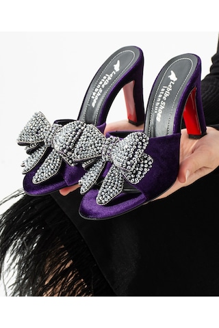 Lebibe Shoes Seravıa Kadın Mor Kadife Taşlı Fiyonklu 9 Cm Topuklu Abiye Terlik