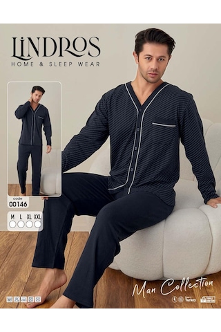 Lindros Erkek Gömlek Yaka İnterlok Uzun Kol Pijama Takımı 00146 - 1 Adet 001