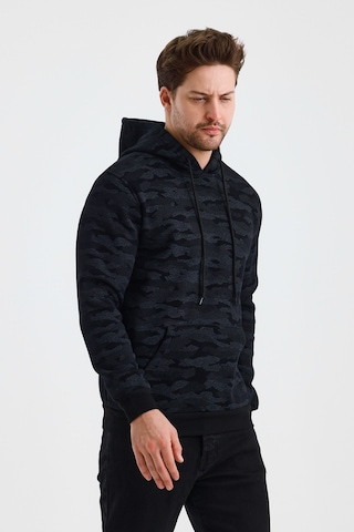 Monox Erkek Kapşonlu Kamuflaj Baskılı 3 İplik Sweatshirt Siyah