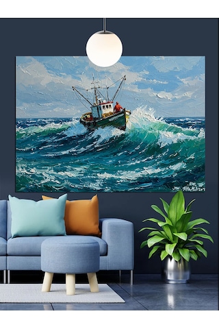 Fırtınalı Denizde Sallanan Tekne Dekoratif Kanvas - Mdf Ahşap Tablo