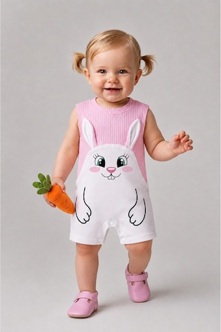 Babyden's Kız Bebek Tulum Yazlık %100 Pamuk Ribana Kolsuz Tavşan Baskılı Çıtçıtlı Bebek Tulumu 0-9 Ay Pembe