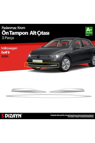 S-Dizayn VW Golf 8 HB Krom Ön Tampon Alt Çıtası 3 Parça 2020 Üzeri