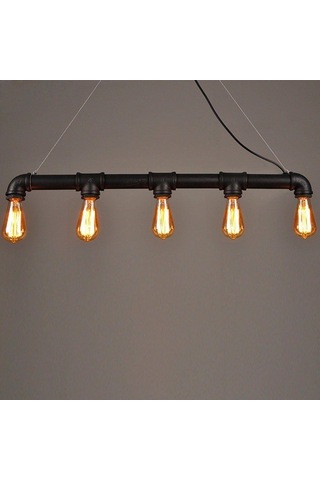 Endüstriyel Malzeme Demir Boru Sarı Ampulden, Rustik Avizel Siyah