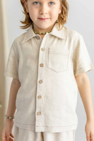 Oliven The Kid Oliventhekid Bej Keten Önden Düğmeli Cepli Kısa Kol Erkek Çocuk Gömlek Bej Bej