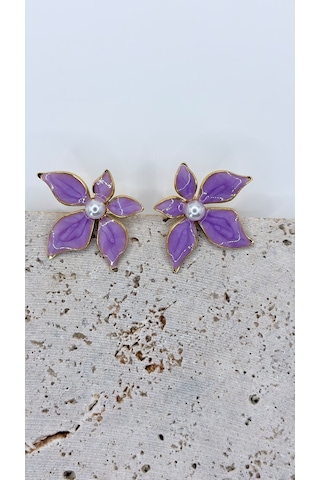 Rhea Jewelry Çiçek Figürlü Renkli Çelik Küpe 3,5 Cm İnci Detaylı Kadın Küpe Lila