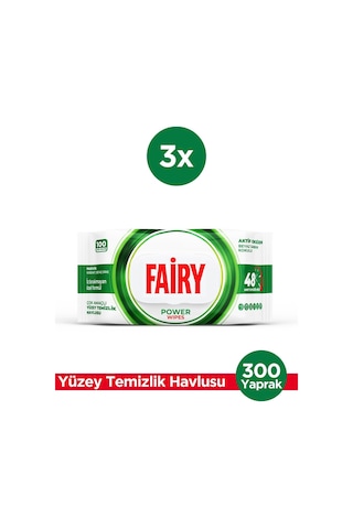 Fairy Power Wipes Yüzey Temizleme Mendili 100 Yaprak 3 Adet Beyaz Sabun Beyaz Sirke & Karbonat Beyaz