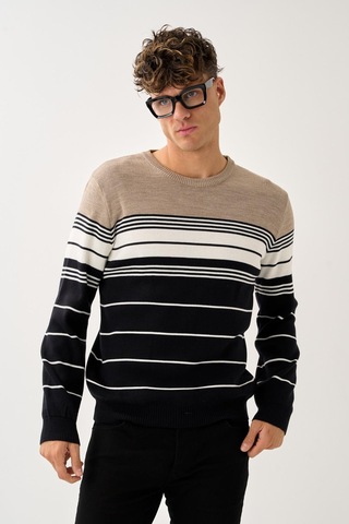 Çizgili Erkek Kazak Bej