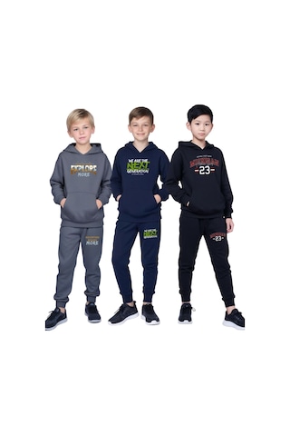 Panios Kids 3'lü Kanguru Cepli Kapüşonlu Baskılı Erkek Çocuk Eşofman Takımı Çok Renkli