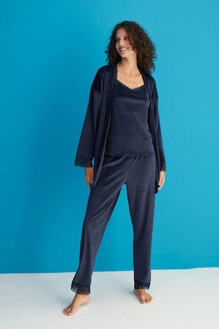 Pemilo Kadın 13402-1 Dantelli Sabahlık Kadife Pijama Takım LACİVERT-LACİVERT Lacivert