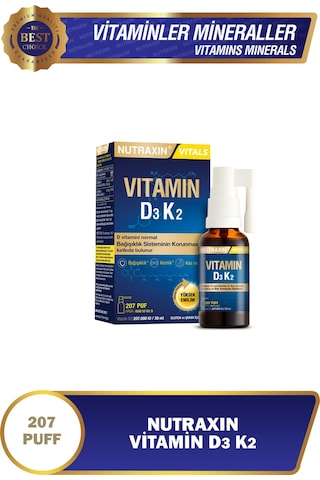 Nutraxin Vitals D3k2 30 Ml - 1000 Iu D3 Vitamini, 25 Mcg K2 Vitamini 207 Puf