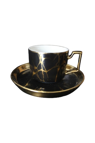 Porselen 6 Kişilik Kahve Fincan Takımı Siyah Gold Tr2934