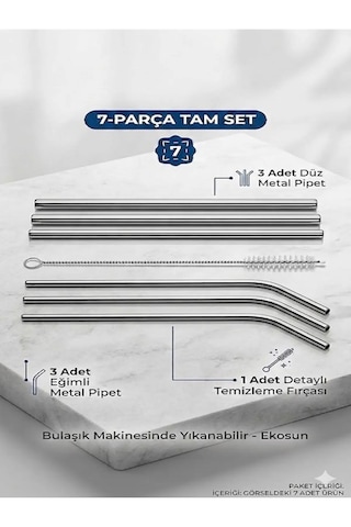 Premium 7 Parça Paslanmaz Çelik Metal Pipet Seti - 3 Düz, 3 Eğimli Pipet + Temizleme Fırçası Metalik Gri