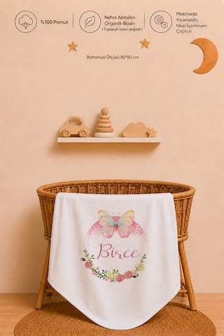 Kız Bebek Hediyesi İsme Özel 80x80 Cm Çift Kat Penye Bebek Battaniyesi %100 Pamuk Ham Bez Kıyafet Keseli 1034bk0x Ekru