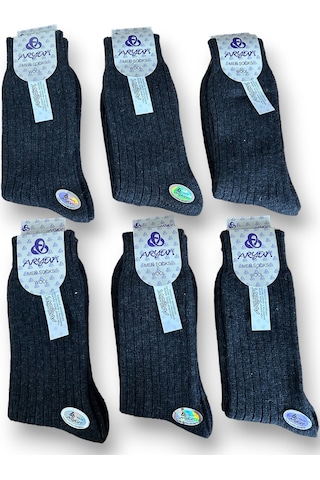 Erkek Saf Yün Kışlık Orta Kalınlıkta Dikişsiz 6 Çift Kendinden Çizgili Çorap Antrasit