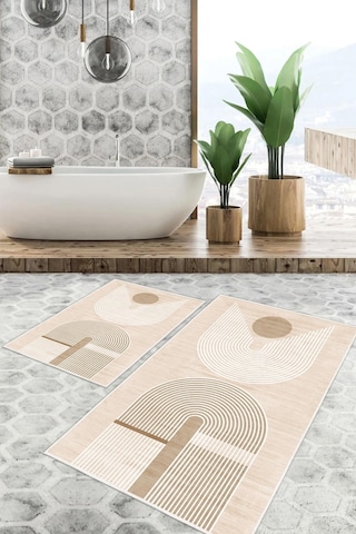 Dijital Baskı Modern Kaymaz Taban 2li Set Banyo Paspası Klozet Takımı 50x60cm-60x100cm Krem