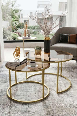 Milas Gold Eskitme Orta Sehpa - Bronz Cam Altın - Bronz