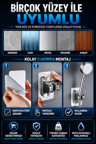 Ymv Yapışkanlı Duş Başlığı Askısı Mafsallı Ayarlanabilir Duş Tutacağı Delme Gerektirmeyen Güçlü Duvar Aparatı Beyaz